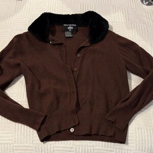 Kasper Brown Cardigan with Black Faux Fur Collar